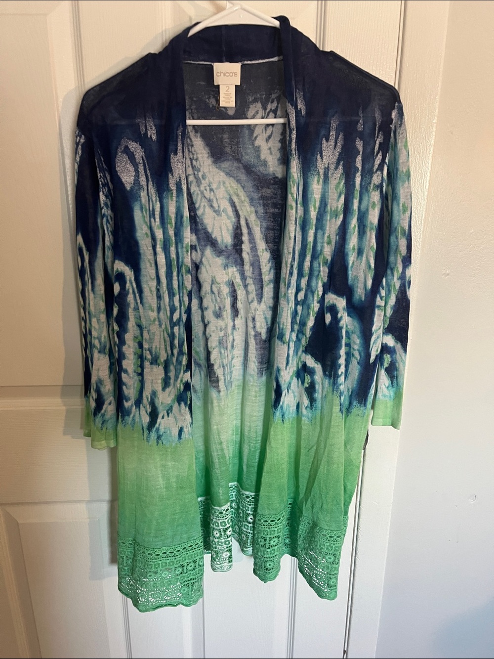 Chico's Navy, White & Green Ombre Open-Front Knit Cardigan Size 2